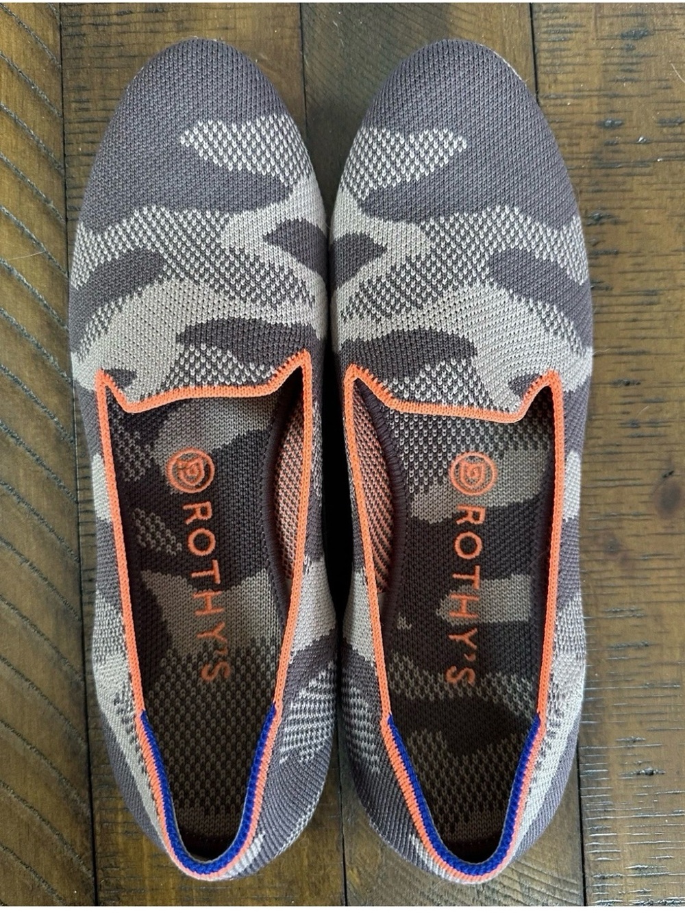 Rothy's Women's Camo Knit Slip-Ons in Gray, Tan and Orange Trim